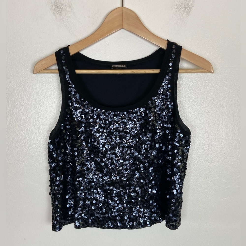 Express Women's‎ Y2K 90s Sequin Cropped Top Size XS Black Sleeveless Party Sexy